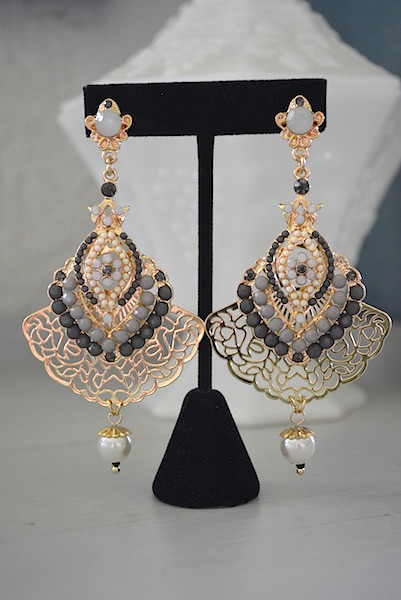 Gold Drop Earrings, Chandelier Earrings, Grey Beaded Jewelry, Gold Filigree Earrings