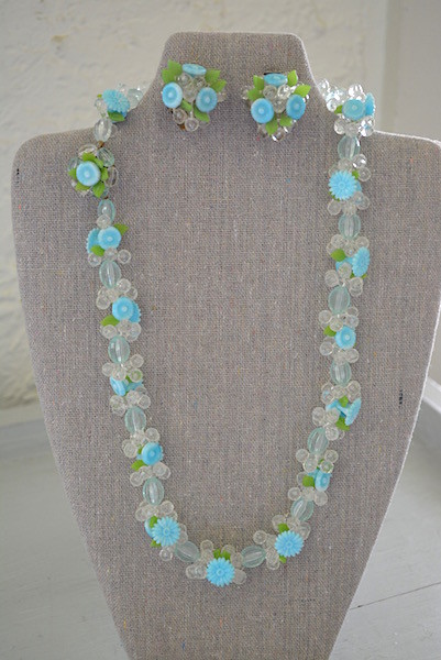 Blue Flowers Necklace Set, Demi-Parure, Vintage Jewelry, Flower Jewelry