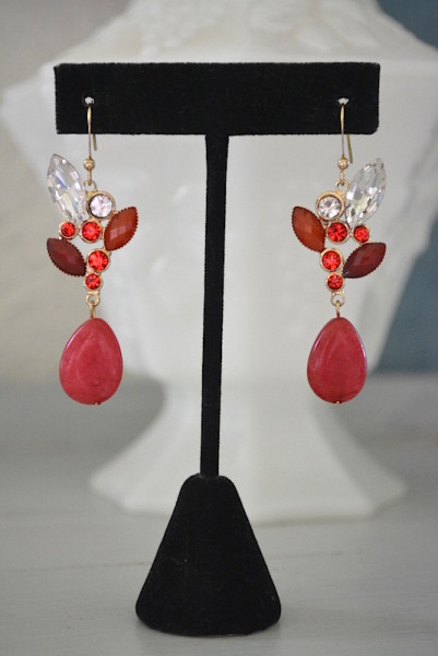 Red Drop Earrings, Red Earrings, Red and White Jewelry