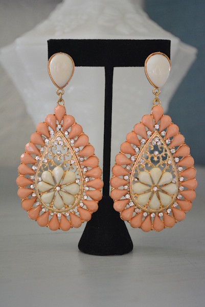 Peach Teardrop Earrings, Peach Earrings, Peach and Gold Jewelry