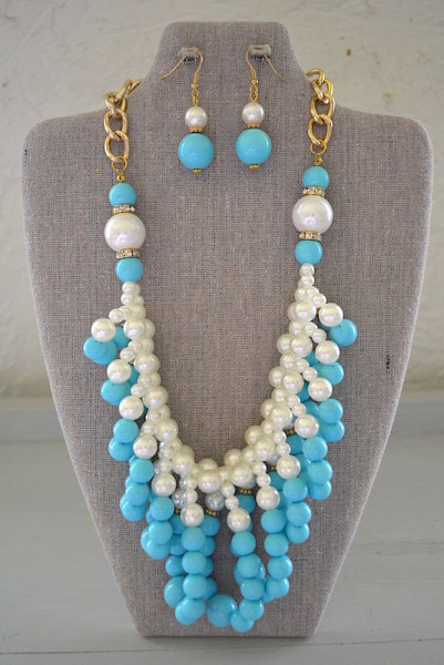 Loop Necklace Set, Blue and White Jewelry, Necklace and Earring Set