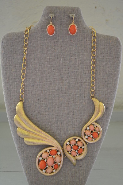 Peach Necklace Set, Necklace and Earrings, Orange Jewelry, Peach and Gold Jewelry