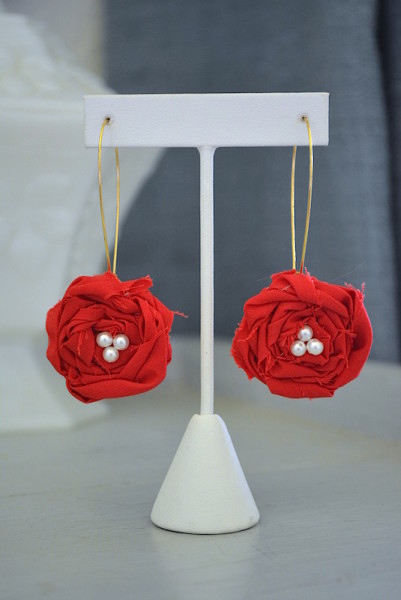 Red Flower Earrings, Flower Earrings, Red and White Jewelry, Fabric Flowers, Fabric Flower Jewelry