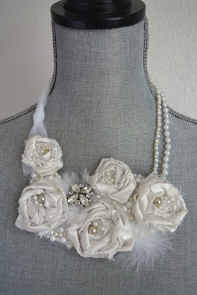 White Flower Necklace, Bride, Satin Flowers, Handmade Jewelry, Repurposed Jewelry, Bridal Jewelry, Fabric Flower Jewelry, Bib Necklace