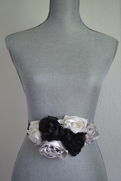 Neutrals Flower Belt, Fabric Flower Belt, Black and White Belt, Satin Belt