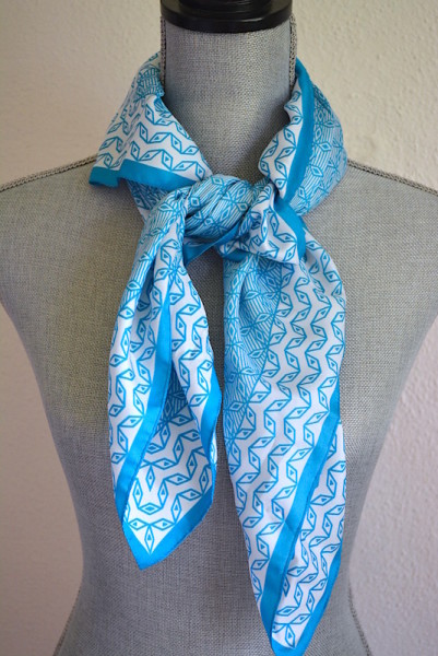 Turquoise and White Scarf, Turquoise Print Scarf, Vintage Scarf, White Print Scarf, Geometric Scarf
