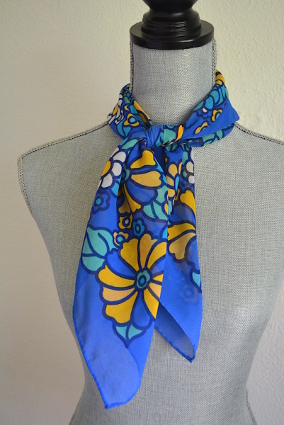 Yellow Flower Scarf, Blue Print Scarf, Vintage Scarf, Yellow and Blue Scarf
