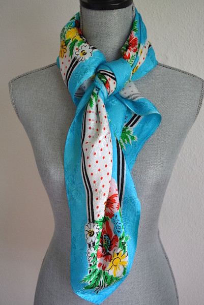 Turquoise Print Scarf, Red Flowers Scarf, Vintage Scarf, Vintage Turquoise Scarf, Flower Print Scarf, Vintage Flower Scarf