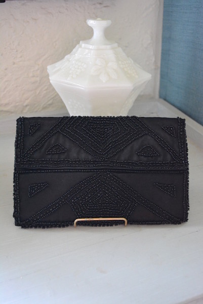 Black Satin Purse, Beaded Purse, Vintage Purse, Clutch, Vintage Clutch