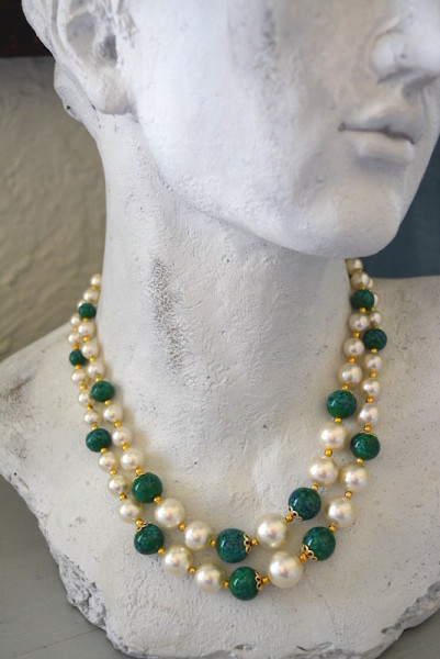 Pearls and Beads Necklace, Pearl Necklace, Cascading Necklace, Green and White Jewelry, Vintage Necklace,