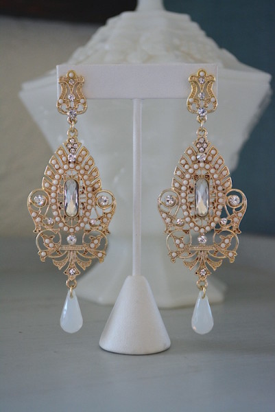 Gold Chandelier Earrings, Chandelier Earrings, Gold and White Earrings, Statement Earrings, Statement Jewelry,