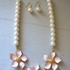 Pink Flowers Necklace Set, Pink and Pearls Jewelry,Pink Flowers,Pearl Necklace and Earrings,Necklace and Earrings,Metal Flowers, Pale Pink Flowers