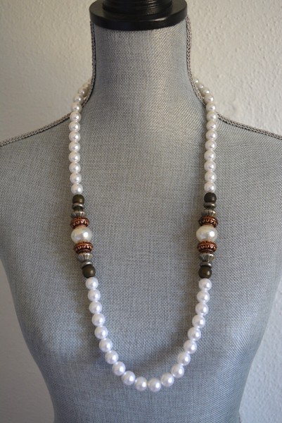 Copper and Pewter Pearl Necklace,Pearl Necklace, Metals Necklace
