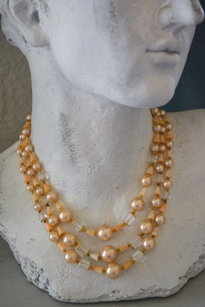 Beige Beaded Necklace, Natural Necklace, Peach Necklace Set, Three Stranded Necklace, Multi Strand Necklace, Multi Layered Necklace