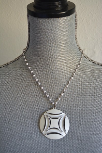 White Medallion Necklace, Silver and White Necklace, Medallion Necklace