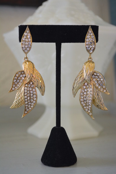 Gold Lily Earrings,Gold Earrings,Rhinestone Earrings,Flower Earrings, Petals Earrings