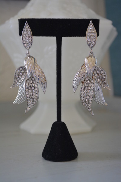 Silver Lily Earrings, Lily Earrings,Flower Earrings,Petals Earrings, Silver and Rhinestone Earrings,Rhinestone Earrings