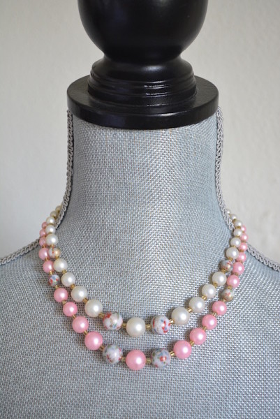 Pink and White Necklace,Vintage Pink Necklace,Vintage Pearl Necklace, Pink and White Beaded Necklace