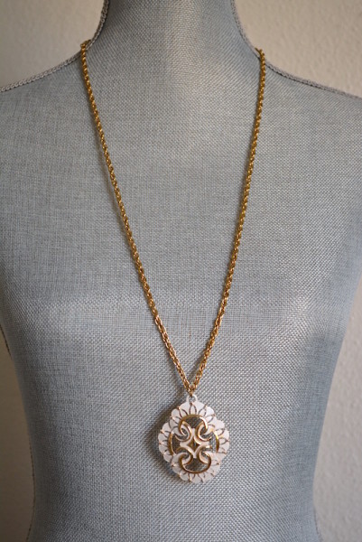 Gold and White Medallion Necklace,Gold and White Necklace,Long Medallion Necklace, Vintage Medallion Necklace