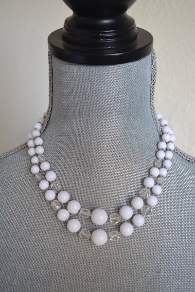 Clear and White Beaded Necklace, 2-Stranded Necklace,White Necklace,White Beaded Necklace