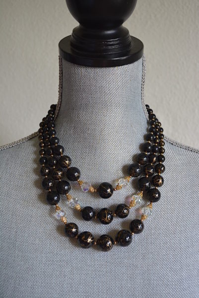 Black Splatter Painted Necklace, Black Beaded Necklace, Black Necklace, Vintage Beaded Necklace