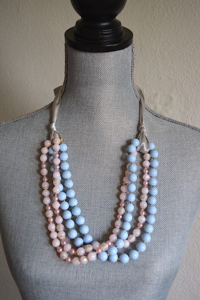 Ribbon Necklace, Pink and Blue Necklace, Blue Necklace, Pink Beaded Necklace, Pink Beaded Necklace, Pink Necklace, Pale Pink Necklace