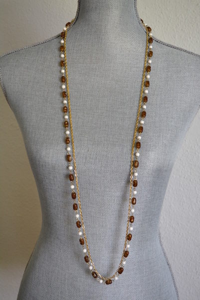 Brown and White Necklace, Long Necklace, Vintage Long Necklace, Gold and Brown and White Beaded Necklace, Tortoise Necklace