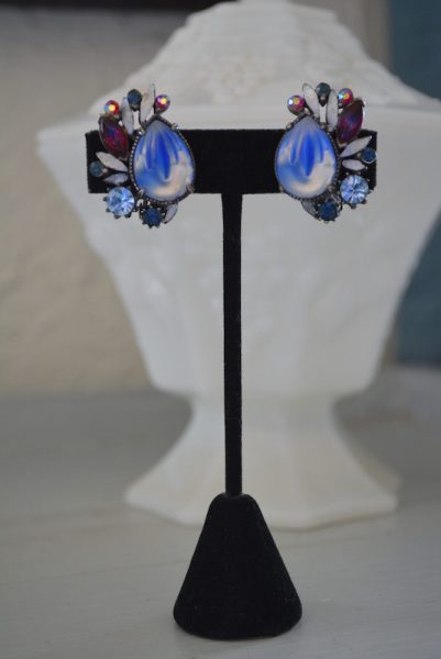 Blue Fan Earrings, Florenza Earrings, Florenza, Florenza, Vintage Signed Costume Jewelry, VIntage Earrings, Vintage Florenza Earrings