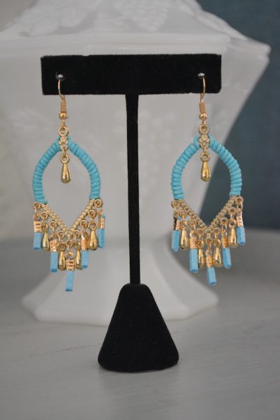 Turquoise and Gold Drop Earrings, Turquoise Earrings, Blue and Gold Earrings, Fringe Earrings, Teardrop Earrings, Sari Earrings, Sari Fashion