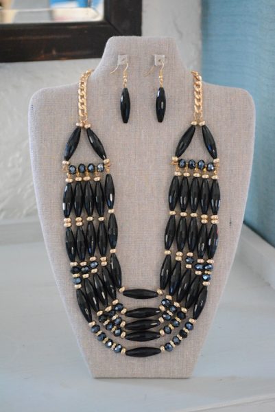 Black Beaded Necklace Set, Black Jewelry, Black Necklace and Earrings, Necklace and Earrings, Black and Gold Jewelry