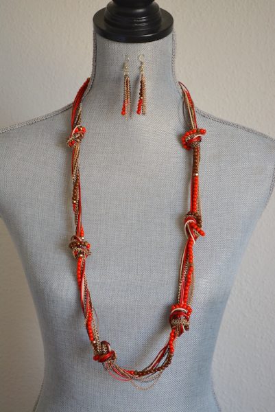 Red Knotted Necklace Set, Long Red Necklace and Earrings, Red Beaded Jewelry, Necklace and Earrings, Red and Gold Jewelry