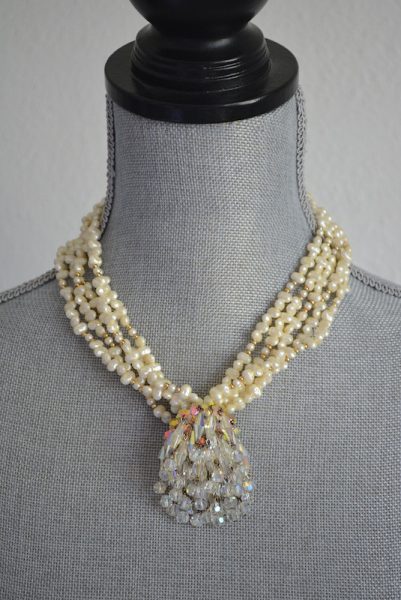 Crystal Chandelier Necklace, Pearl Necklace, Saltwater Pearls Necklace, Repurposed Jewelry, Repurposed Necklace, Vintage Parts, Crystal Necklace, Swarovski Necklace, Chandelier Jewelry