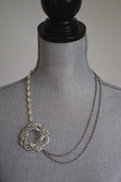 Rhinestones and Chains Necklace, Silver Necklace, Repurposed Jewelry, Silver Medallion Necklace