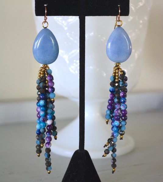 Blue Stones Earrings, Blue Earrings, Blue Beaded Earrings, Blue and Purple Earrings, Beaded Fringe Earrings