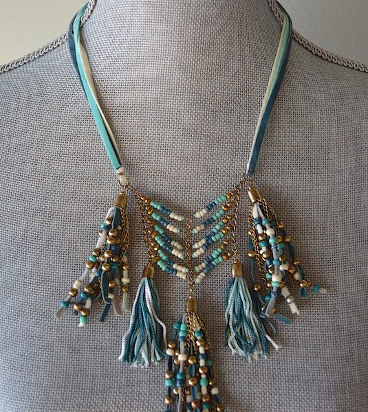 Suede Fringe Necklace, Blue and Turquoise Necklace, Beaded Necklace