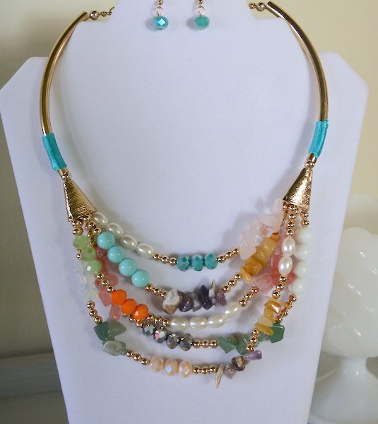 Bright Multi Strands Necklace Set, Stones and Beads Necklace Set, Necklace and Earrings, Bright Jewelry, Natural Jewelry