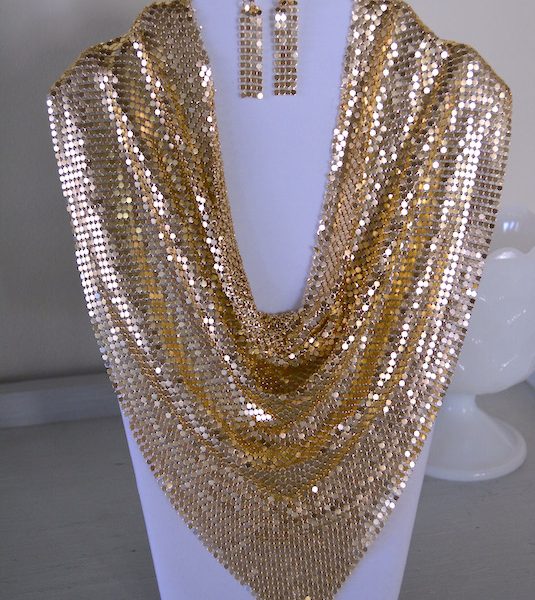 Gold Mesh Necklace Set, Gold Jewelry, Gold Mesh Jewelry, Mad Max Beyond Thunderdome, Gold Necklace and Earrings