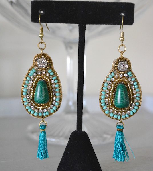 Emerald Beaded Earrings, Green Earrings, Green and Gold Earrings, Beaded Earrings, Sari Inspired Jewelry
