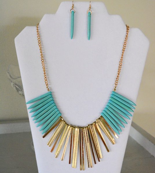 Turquoise Bib Necklace Set, Turquoise Jewelry, Necklace and Earrings, Turquoise and Gold Jewelry, Turquoise and Gold Necklace Set, Bib Necklace, Bohemian Jewelry