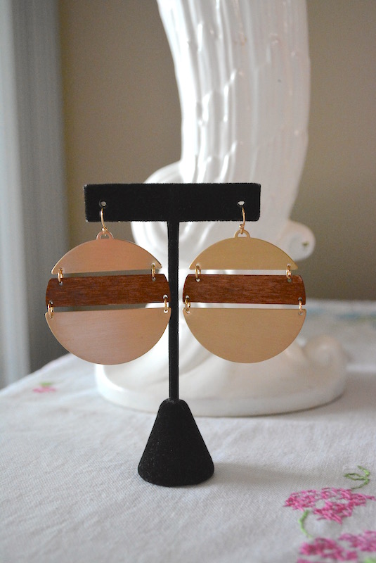 Gold and Wood Dial Earrings, Gold and Wood Earrings, Gold and Wood Dial Earrings, Gold Dial Earrings, Gold and Wooden Earrings, Boho Earrings, Boho Jewelry, Bohemian Jewelry