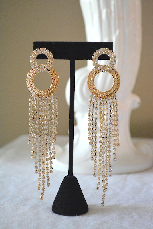 Glam Rock Earrings, 1970's Earrings, Studio 54 Jewelry, Rhinestone Earrings, Gold and Rhinestone Earrings