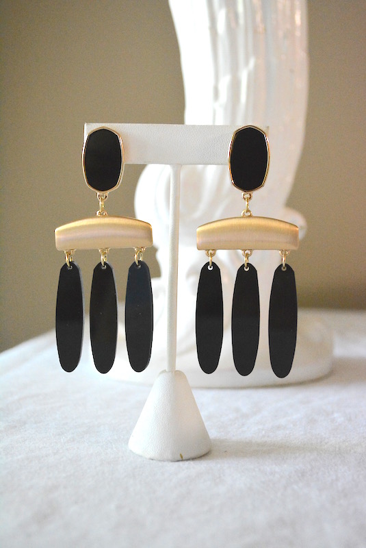 Black Column Earrings, Black Earrings, Black and Gold Earrings, Gold and Black Earrings, Black Chandelier Earrings