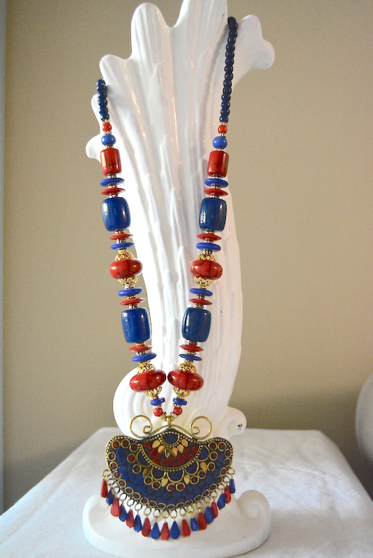 Red Bohemian Necklace, Red Necklace, Red and Blue Necklace, Tribal Necklace, Navy Necklace, Statement Jewelry