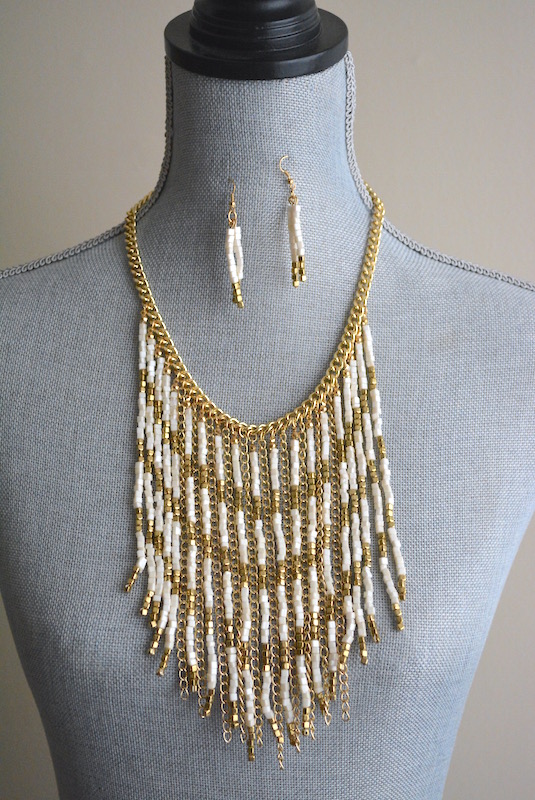 Gold and White Fringe Necklace Set, Fringe Necklace, Gold and White Necklace Set, White and Gold Jewelry, Necklace and Earrings, Boho Jewelry