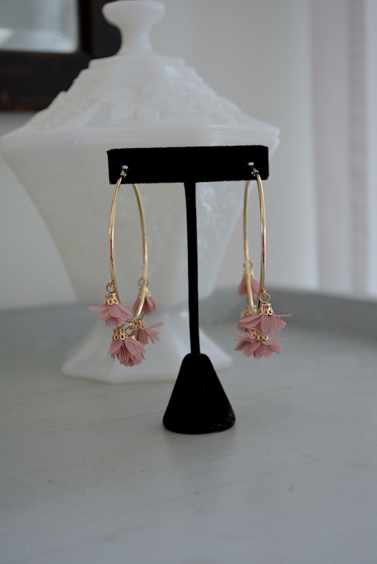 Pink Flower Hoop Earrings, Flower Jewelry, Fabric Flower Jewelry, Hoop Earrings