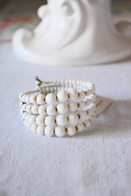 White Cuff Bracelet, Vintage White Bracelet, White Beaded Jewelry, Cuff Bracelet