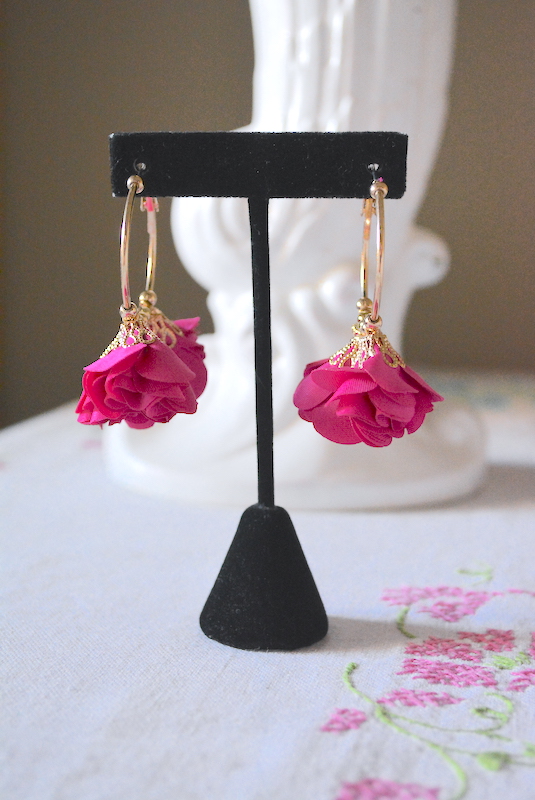 Fuchsia Flower Earrings, Flower Earrings, Fabric Flower Earrings, Bright Pink Earrings, Boho Jewelry