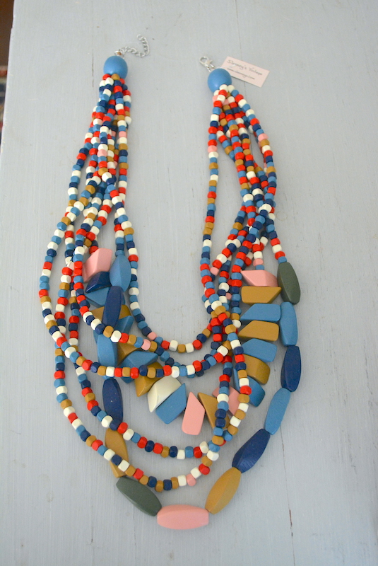 Red and Blue Necklace, Neutrals Necklace, Wooden Beaded Necklace, 1980's Inspired Jewelry