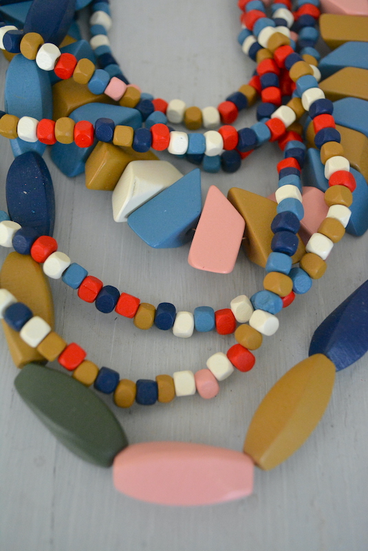Red and Blue Necklace, Neutrals Necklace, Wooden Beaded Necklace, 1980's Inspired Jewelry